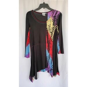 Parsley & Sage Womens Tie Dye Asymmetrical Sharkbite Tunic Top Black M Lagenlook